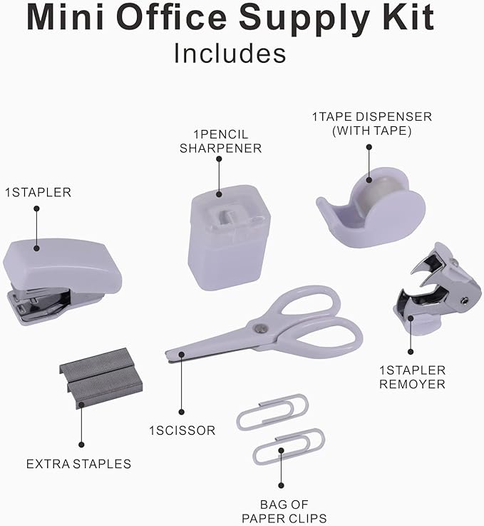 Mini Office Supply Kits – Includes Mini Stapler,Scissors, Staple Remover, Staples, Tape Dispenser (White)