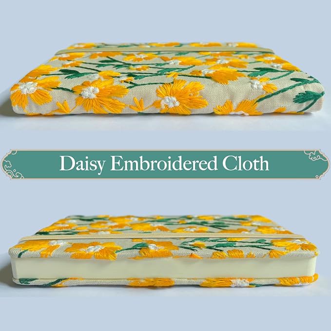 Daisy Gift, Flower Journal, Embroidered Notebook, Beautiful Journals for Women, 8"x6", Hardcover, Lay Flat, A5, Lined Paper, Wide Ruled Page, Writing Journal, Yellow Daisy, with Elastic Band