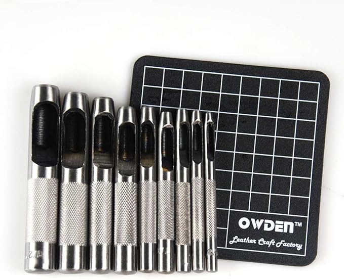 OWDEN 9 Pieces Hollow Punch Set (1/8"-1/2") with A Free Cutting MAT, Leather Hole Punch Set