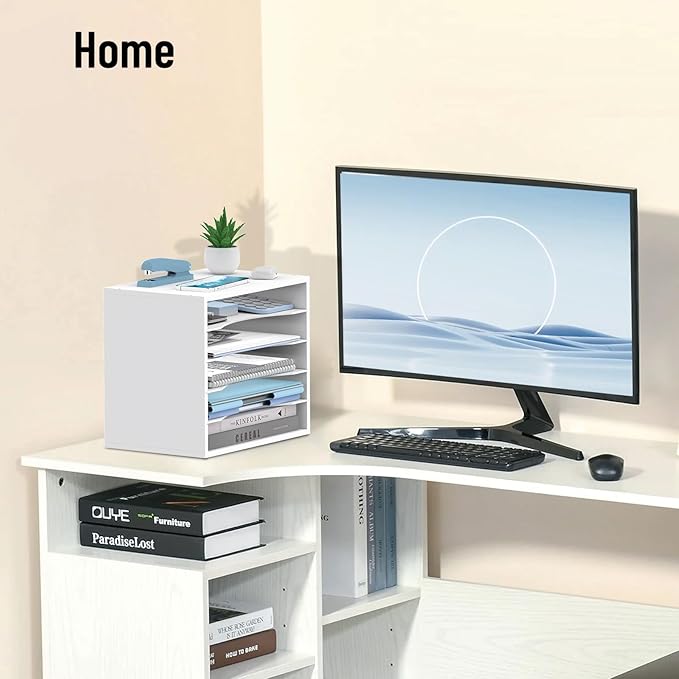 5-Tier Wood Desk Organizer, Paper Tray Organizer for Desk with Adjustable Storage Shelves, Desktop Paper Sorter Mail Holder for Office Home Classroom, White
