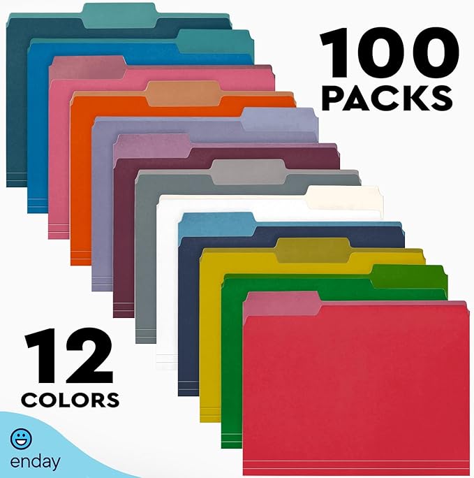 Enday Colored File Folders Letter Size (100 Pack) 12 Assorted Colors, 1/3 Cut Tabs Color File Folders, Two Tone Colored Folders for School Home Office Documents Organization