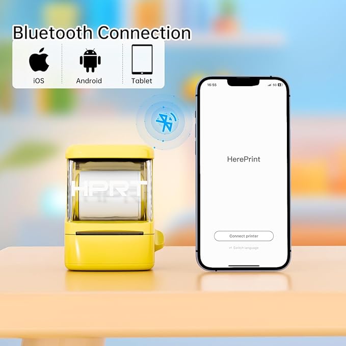 NEW1 Label Printer 2 Inch Portable Inkless Bluetooth Label Maker for Small Business, Home, School, Sticker Printer for Address, Logo, Barcode, Clothing, with Automatic Label Recognition（Yellow）