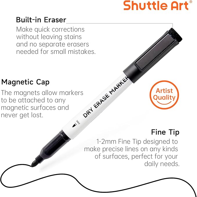 Shuttle Art Dry Erase Markers, 25 Pack Black Magnetic Whiteboard Markers with Erase, Fine Point Dry Erase Markers Perfect for Writing on Dry-Erase Whiteboards Mirrors Glasses for School Office Home