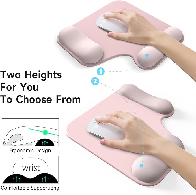Ergonomic Mouse Pad with Gel Wrist Rest (1" & 1.2" Dual Height) - Cute Mouse Pads Compact Mousepad Desk Mat Office, Gaming & Carpal Tunnel Relief | Non-Slip Rubber Base Pale Pink