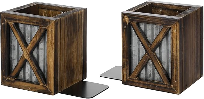 MyGift Rustic Burnt Wood Decorative Bookends with Corrugated Galvanized Metal Accent, Desktop Book Ends with Pen Holder Pencil Cup Stationery Storage Bins for Home Office, Classroom, Dorm Room, 1 Pair