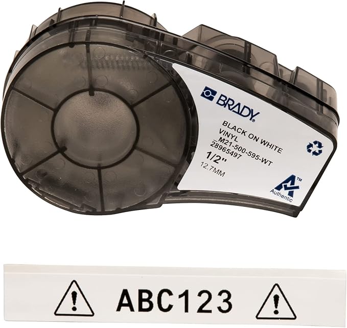 Brady M211 Portable Bluetooth Monochrome Label Printer & Authentic (M21-500-595-WT) All-Weather Vinyl Label for Indoor/Outdoor ID, Lab and Equipment Labeling, Black on White .5" W 21' L