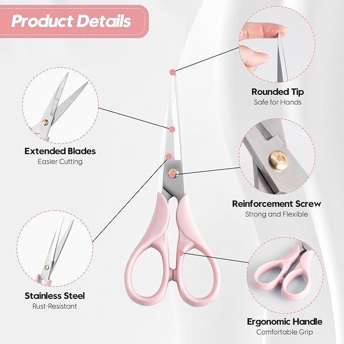 Honagu Professional Scissors - Stainless Steel Precision Blades, Non-Slip Ergonomic Handles for Crafting, Office, Fabric & DIY Projects (Pink)