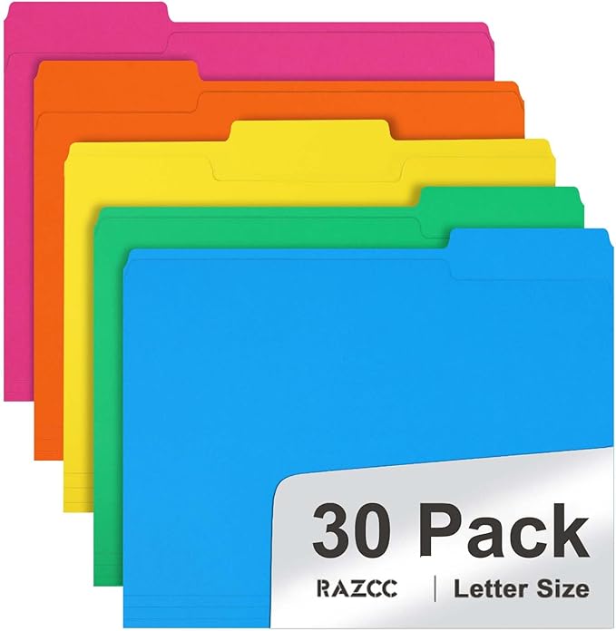 File Folder, RAZCC 30 Pack 1/3 Cut Tab Colored File Folders, File Folder Letter Size for Office Classroom Use, Assorted 5 Colors Folders with Tabs