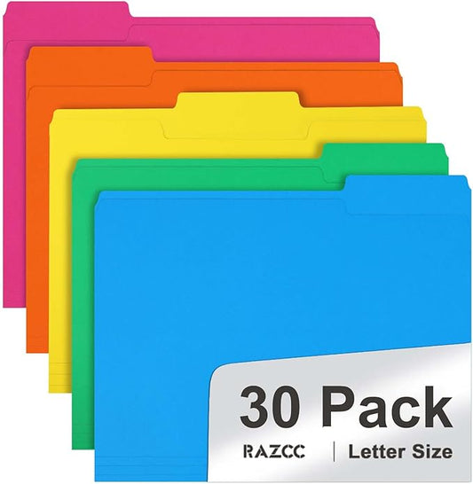 File Folder, RAZCC 30 Pack 1/3 Cut Tab Colored File Folders, File Folder Letter Size for Office Classroom Use, Assorted 5 Colors Folders with Tabs