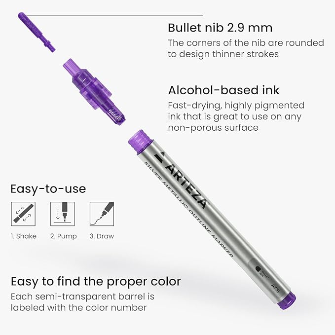 Arteza Double Outline Markers, 24 Colors, Silver Alcohol Markers, Create Metallic Lines with Vivid Color Outlines, Work on Cards, Paper, and Canvas