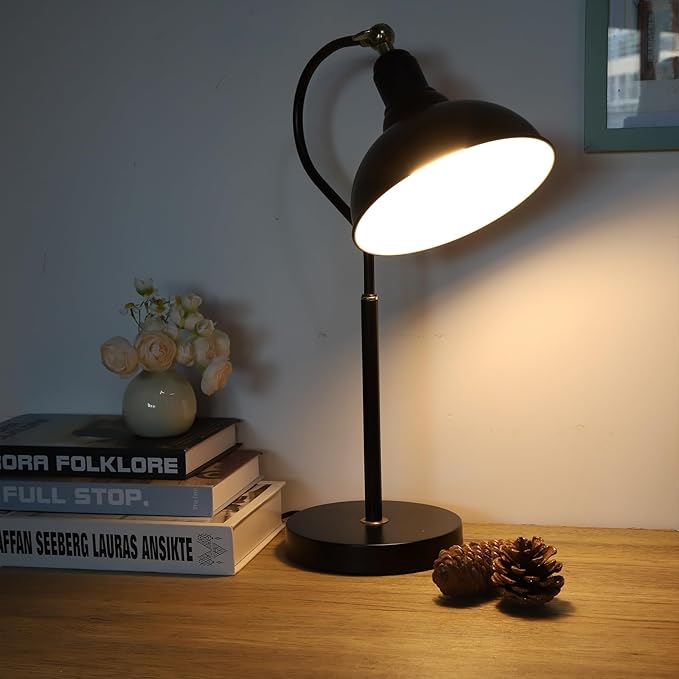 Black Desk Lamp with 59” Plug in Cord On/Off Switch, Adjustable Table Lamp for Bedroom, Coffee, Dorm Lighting Decor (E14 Bulbs not Included)