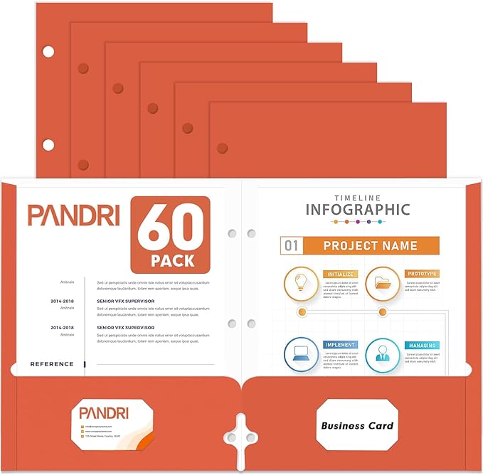 Two Pocket Portfolio Folders, PANDRI 60 Pack 3 Hole Punched 2 Pocket Folders for 3 Ring Binder, Letter Size Paper File Folder for School Office Home Business, Red