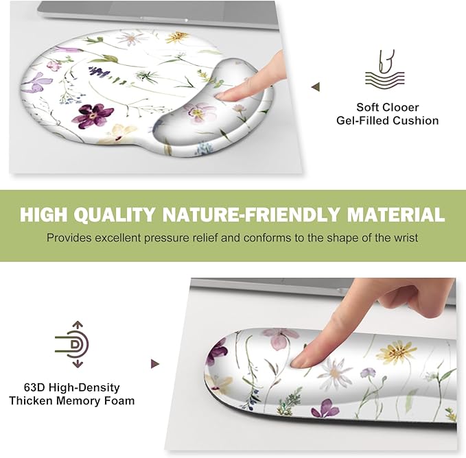 Gaming Mouse Pad, Large Desk Mat, Cute Desk Pad Protector, 4in1 XXL Mousepad + Keyboard Wrist Rest+Mouse Wrist Rest+Coaster Set with Ergonomic Desk Pad for Home Office Computer, Purple Flower Plants
