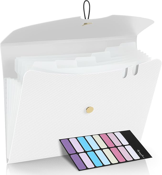 Sooez 7 Pocket Expanding File Folder, Premium Accordion File Organizer, Letter Size Folders for Documents, Sleek Filing Folders with Bungee Closure, Portable Folders for School Office Supplies, White