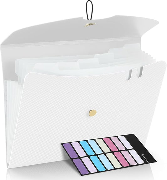 Sooez 7 Pocket Expanding File Folder, Premium Accordion File Organizer, Letter Size Folders for Documents, Sleek Filing Folders with Bungee Closure, Portable Folders for School Office Supplies, White