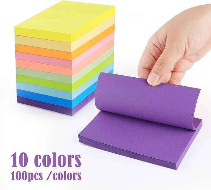 Sticky Notes Large 1000 Sheets,3 x 5'' Self-Stick Note Pads,Bright Colorful Sticky Notes 76x127mm,Super Sticking Memo Pads Clean Removal,Easy to Post Sticky Pads for Office Home School,10 Pack