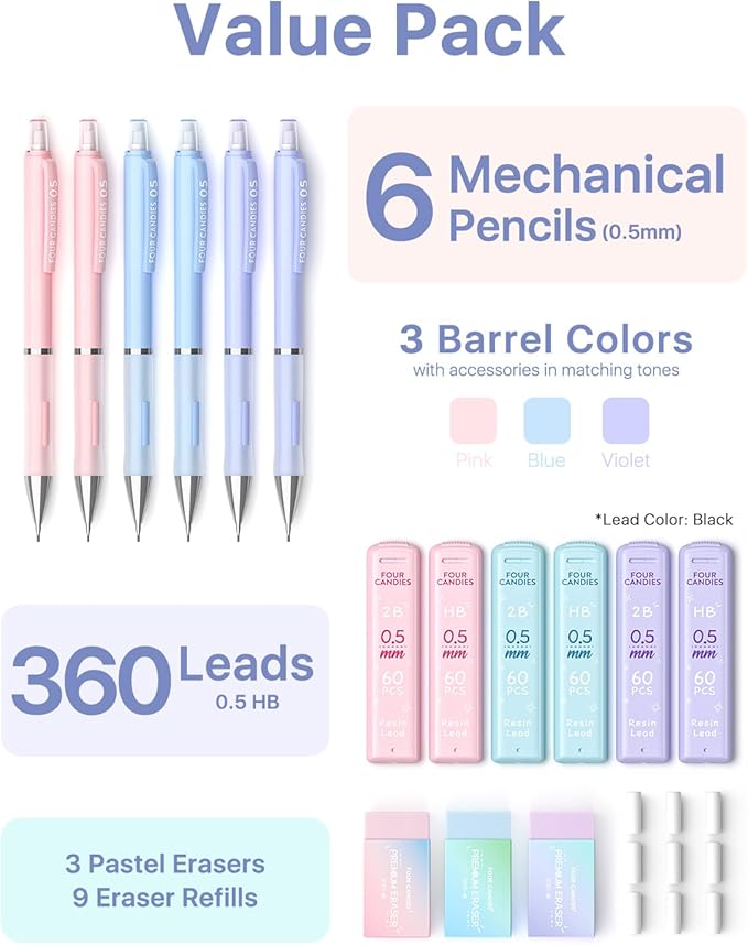 Four Candies 0.5 mm Mechanical Pencil Set - 6PCS Cute Pencils with 360PCS HB & 2B Lead Refills, 3PCS Pastel Erasers and 9PCS Eraser Refills, Aesthetic School Supplies for Writing Drawing Drafting