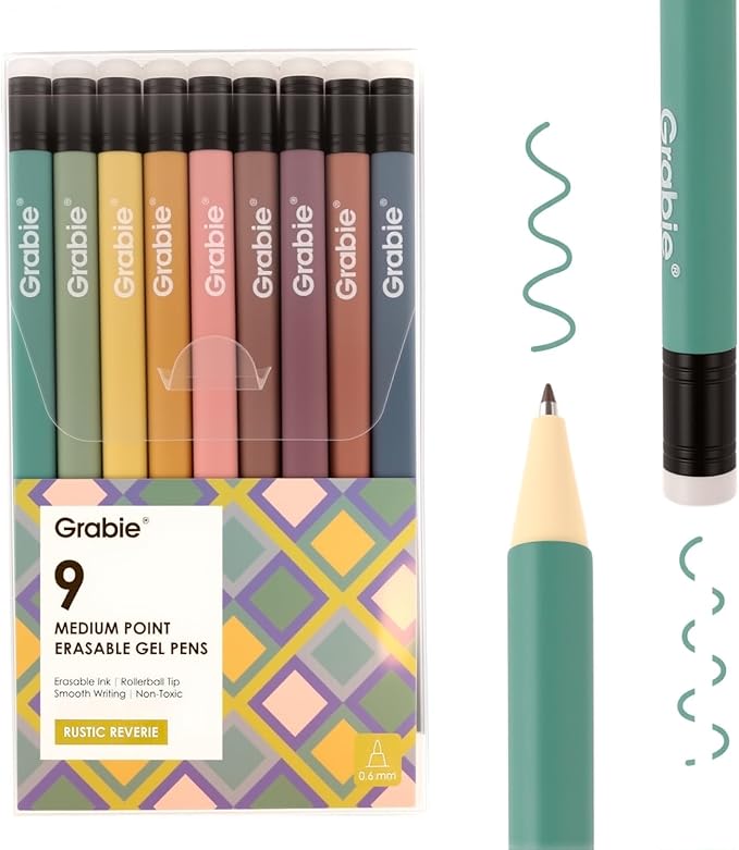Grabie Erasable Gel Pens, 9 Colors Erasable Pens Multicolor, Make Mistakes Disappear, 0.6mm Medium Point Rollerball Tip Colored Pens for Drawing Writing Planner, Smooth Writing(Rustic Reverie)
