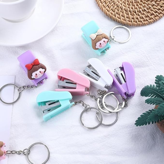 Veemoon Small Stapler with Keychain, 3pcs Portable Mini Stapler with 1 Box Staples Home School Office Supplies DIY Tools (Purple + Green + Pink + Staples)