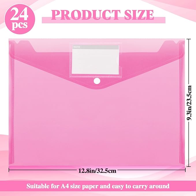 Lincia 24 Pcs Plastic Envelopes A4 Size Poly Envelopes File Folders Work Document Holder Office Paper Plastic File Organizer with Label Pocket Snap Button Home Bag for School (Rose Red)