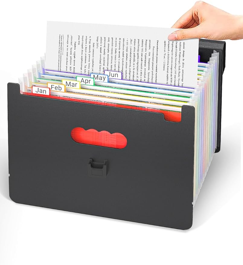 Expanding File Folder/Accordion File Organizer/Portable File Box with 13 Pockets,Fun Storage Filing Folders with Handle,Perfect for Both Standing and Carrying,A4/Letter Size,Colored Tabs,Black Matte