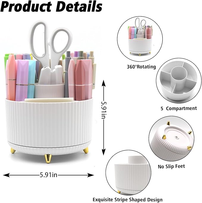 White Desk Accessories, Rotating Pen Holder Set,White Office Supplies with Stapler and Tape Dispenser Set, Gifts for Office Clerks,Student