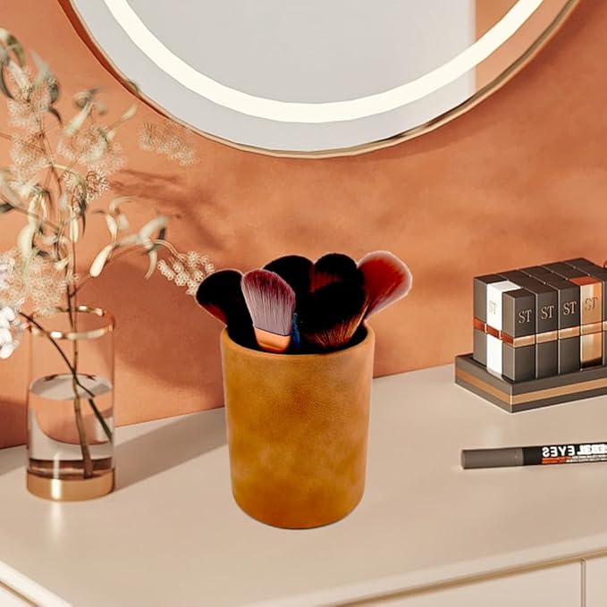 Pen Holder for Desk Pencil Organizer Cute Cup Holders Aesthetic (Yellow Brown, 4" x3.3")