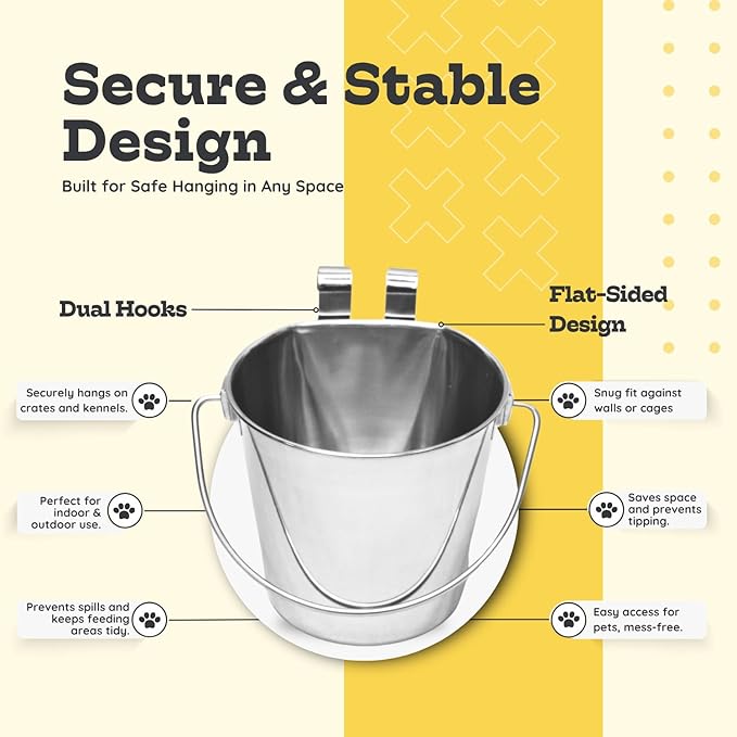 6 Quart Stainless Steel Flat Sided Bucket with Dual Hooks | Durable Food & Water Bowl for Dogs Cats Goat Sheep & Livestock | Fits kennel Cage Critter Crate Hanging Pet Pail | Multipurpose
