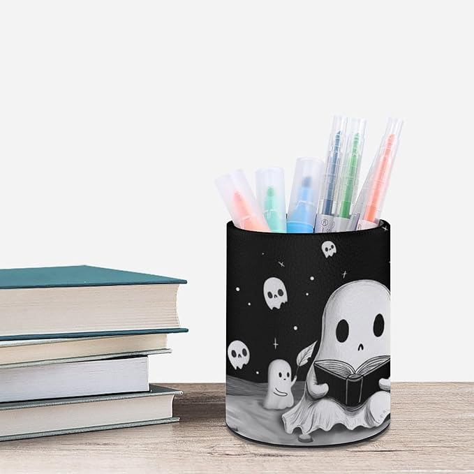 Cute Ghosts Pen Holder Pencil Organizer Cute Pencil Cup Desk Decor Makeup Brush Holder PU Multifunctional Office Suppliesfor Home Classroom School