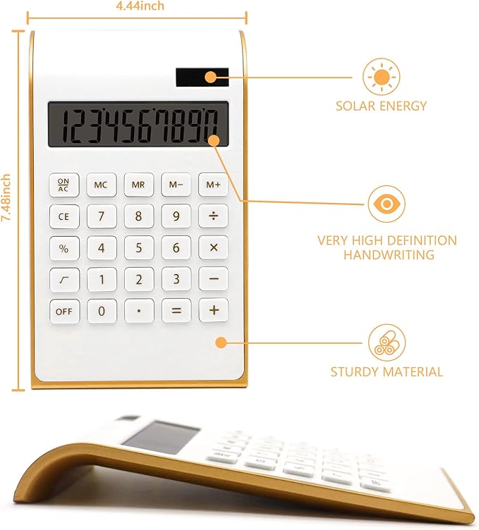 Gold Solar Battery Basic 10 Digits Desktop Calculator, Tilted LCD Display, Slim Desk Calculator