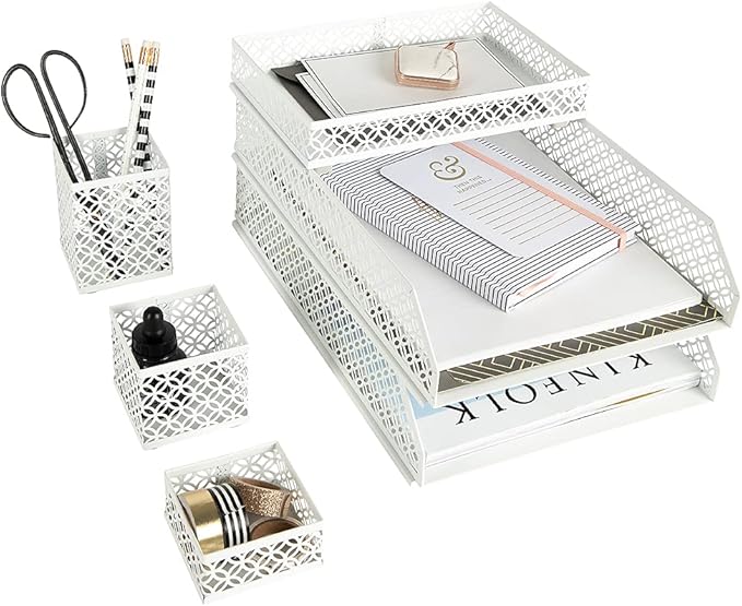 BLU MONACO White Desk Organizer Set for Women – 6-Piece Interlocking Office Supplies Set, Pen Cup, 3 Accessory Trays & 2 Letter Trays, White Paper Tray Holder