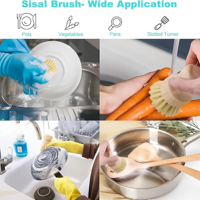 4 Pcs Bamboo Dish Brush Set – Natural Dish Scrubber with Ergonomic Handle, Durable Kitchen Cleaning Brush for Dishes, Pots & Pans – Sisal Bristles for Cast Iron