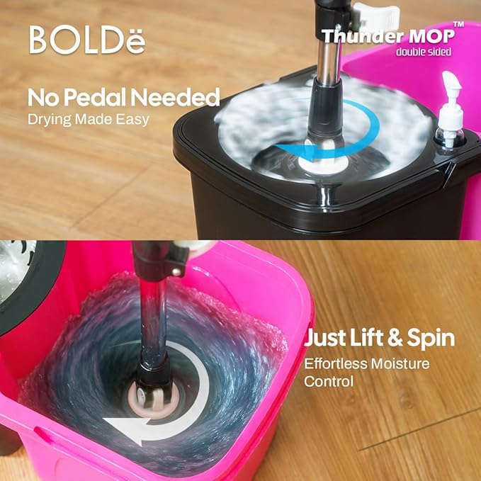 BOLDë Thunder Mop Spin System -Double-Sided- 2 Compact Stackable 6L Buckets, Microfiber Head, Stainless Steel Wringer, Antifungal Quick-Dry Cleaning, Soap Dispenser, 3 Free Refills (Lime/Forest Green)