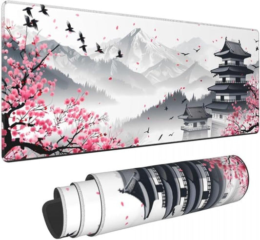 Desk Pad,Office Desk Mat 31.5"×11.8"Large Gaming Mouse Pad,Durable Extended Computer Mouse Pad,Waterproof Thick Big Mouse Pads with Non-Slip Rubber Base Office Home Japanese Castle Cherry