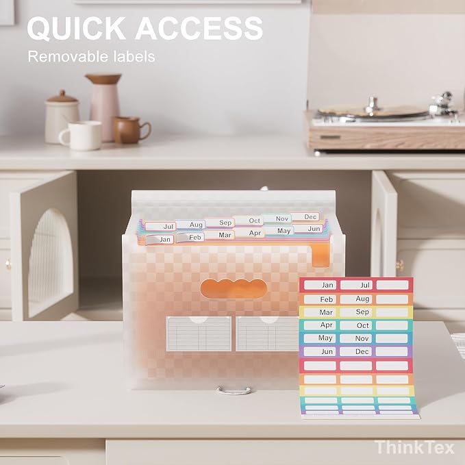 ThinkTex Accordion File Organizer, 12 - Pocket Expanding File Folders for Paper Receipts, Bills&Taxes Organizer, Letter/A4 Size Document Holder for School, Office, Home with Colorful tabs-Orange