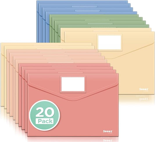 Sooez 20 Pack Plastic Envelopes, Plastic File Folder, Folders for Documents Retro Colors, Super Heavyweight Document Holder, Storage Pouches, File Envelopes for School Office Supplies