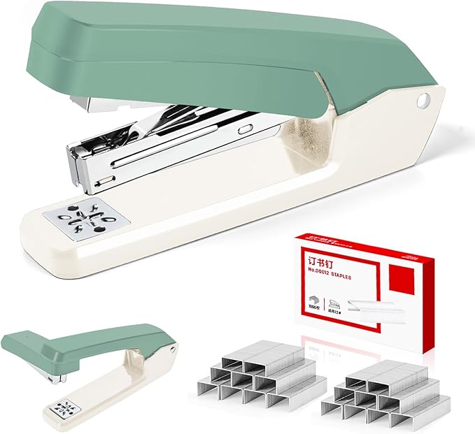 MJMX 360° Rotating Swing-Arm Stapler, 25-Sheet Capacity, with 1000 Staples, 8-Position Lock, ABS Durable Design, for Office/Home/School (Green)
