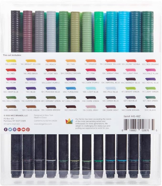 KINGART PRO Dual Twin-Tip Brush Pens, Set of 48 Unique & Vivid Colors, Watercolor Markers with Flexible Nylon Brush Tips, Professional Watercolor Pens for Painting, Drawing (445-48)