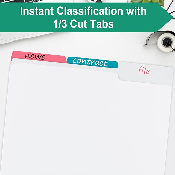 18pack White File Folders,1/3 Cut Tab with Assorted Positions,Letter Size,Great for Organizing and Easy File Storage