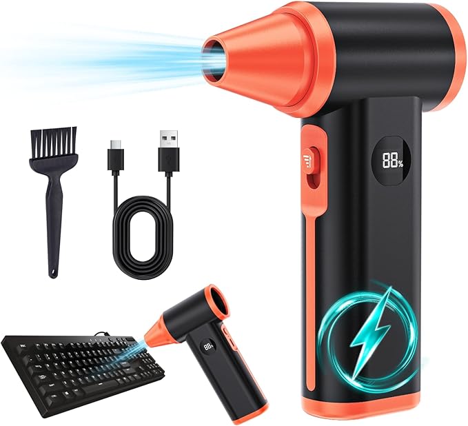 Larkeey Compressed Air Duster Rechargeable Electric Air Duster for PC Keyboard Mini Dust Blower 130000RPM Cordless Air Blower Jet Dryer Turbo Fan Handheld Blower for Car Home Office, Black-Orange