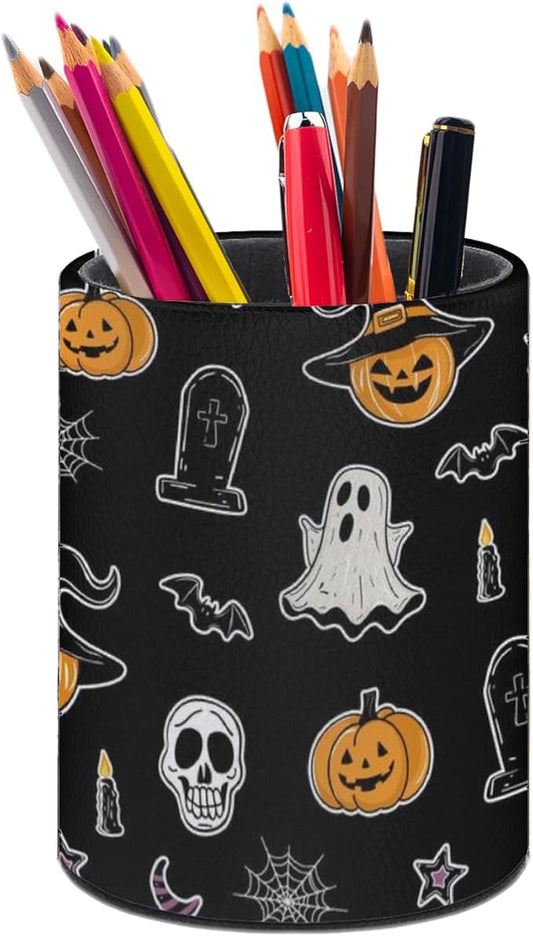 Halloween Spider Web Ghost Pen Holder Pencil Organizer Cute Pencil Cup Desk Decor Makeup Brush Holder PU Multifunctional Office Suppliesfor Home Classroom School