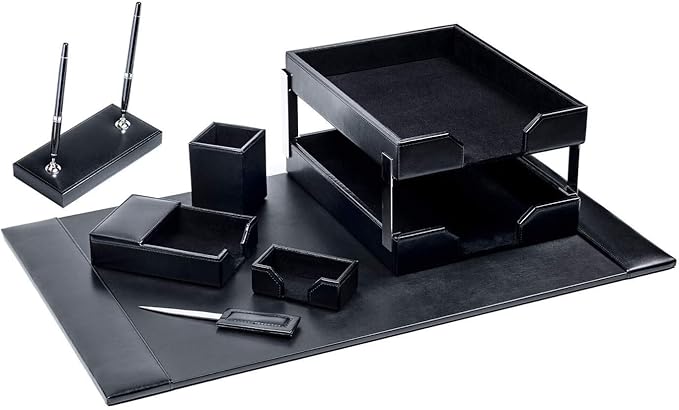 Dacasso Bonded Set Luxury Leather Desk Pad & Desk Organization Essentials, 9 Piece, Black