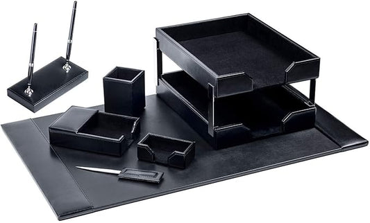 Dacasso Bonded Set Luxury Leather Desk Pad & Desk Organization Essentials, 9 Piece, Black