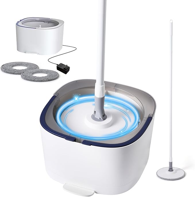 REECOO Spin Mop and Electric Bucket System, Unique Automatic Washing and Wring Electric Bucket, Upgrade Spin Mop Bucket with 2 Microfiber Cloths,Suitable for Hardwood Tile Marble Floor-White