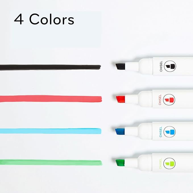 U Brands Fine Tip Dry Erase Markers with Eraser, Whiteboard Markers with Chisel tip, Low Odor, Assorted Colors, Set of 4