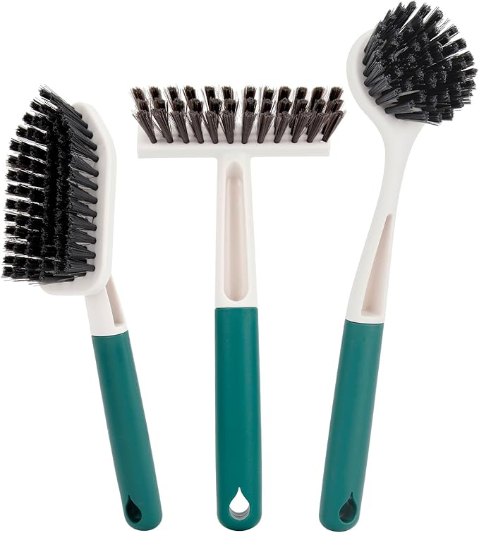 Xicennego 3 Pack Kitchen Cleaning Brush Set,1 Pot and Dish Cleaning Brush with Long Handle,1 Kitchen and Bathroom Brush with Scraper Strip, 1 Hard-Bristled Brush for Sink, Countertops, Tiles（Green