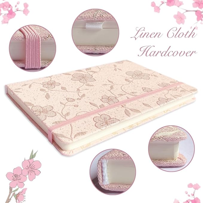 A5 Notebook, Ruled Paper, Lined Page, Hardcover, Layflat, Linen Cover, Flower Fabric, Journal for Women, Elastic Band Closure, Cute Notebooks for School, Office, Personal Writing, Pink