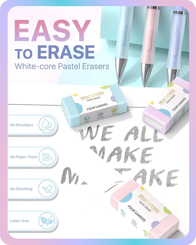 Four Candies Cute Mechanical Pencil Set, 6PCS Pencils 0.5 mm & 0.7mm with 360PCS Lead Refills, Pastel Erasers, Case for School Supplies