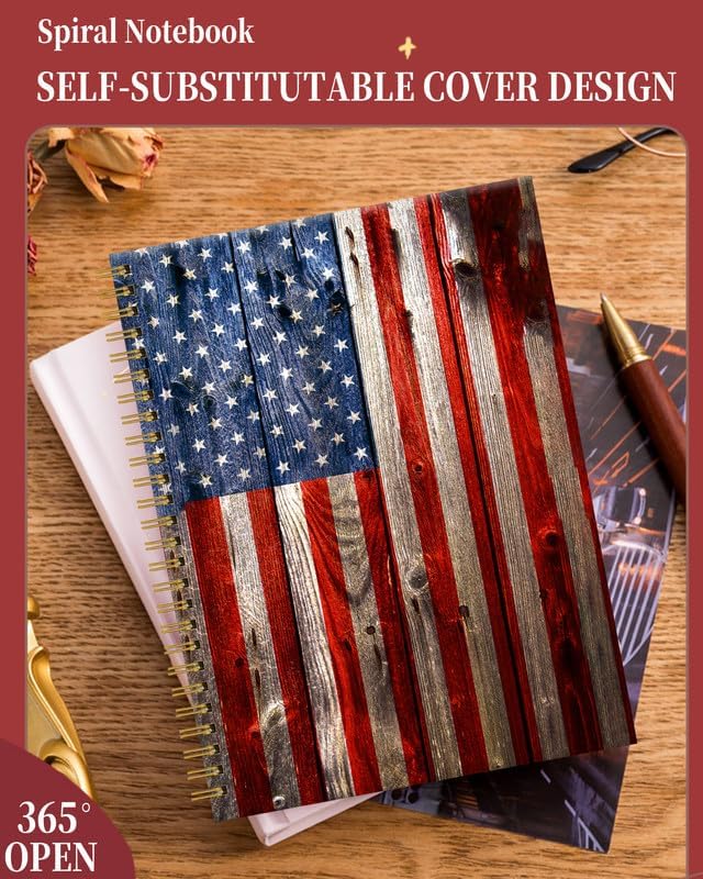 Spiral Journal Notebook for Women,A5 College Ruled Notebooks 6"x 8.4", 120 Pages (60 Sheets) Lined Journal with Premium Thick Paper,Perfect for School Office Home(Wood Grain American Flag)