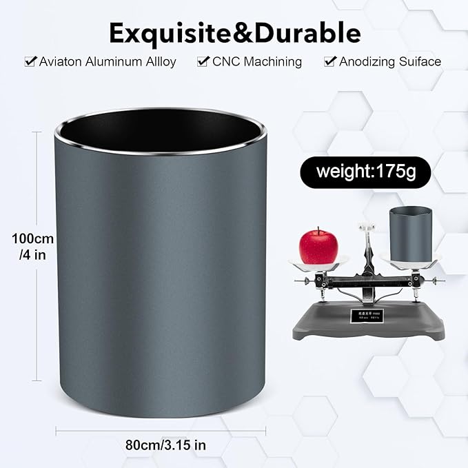 Metal Pen Holder for Desk Round Aluminum Desktop Organizer and Makeup Brush Holder Storage Box for Office, School, Home, and Kids, Non-slip silicone bottom3.9×3.14inch (Grey)